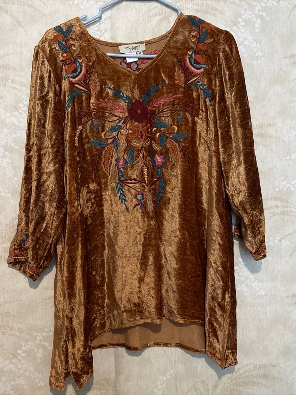 Tru Luxe Jeans Burnt Copper Velvet Embroidered V-Neck Tunic